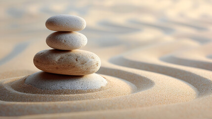 Fototapeta na wymiar Zen stones artfully balanced on sand, embodying harmony and tranquility, a serene display of balance and peace, Generative Ai.
