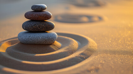 Fototapeta na wymiar Zen stones artfully balanced on sand, embodying harmony and tranquility, a serene display of balance and peace, Generative Ai.