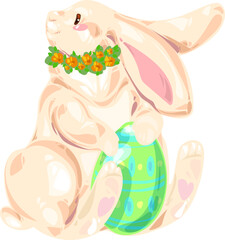 cute kawaii easter bunny sits with egg and flower vector clipart