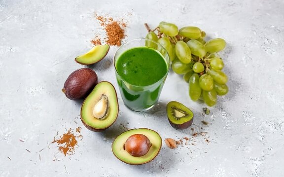 healthy smoothie with grape,avocado and kiwi lie on the table
