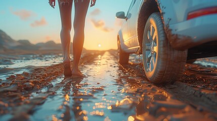 A woman is strolling barefoot through a puddle beside a car, with a tire visible in the water reflection under the cloudy sky