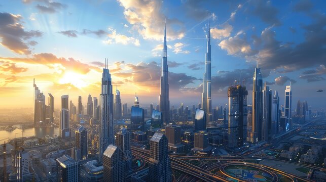 sprawling cityscape blending futuristic skyscrapers with advanced holographic displays and bustling hovercraft traffic