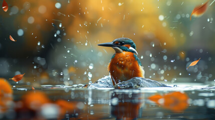 Female Kingfisher emerging from the water after an unsuccessful dive to grab a fish.