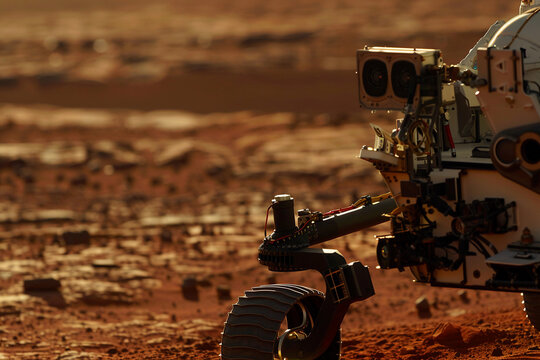 Curiosity rover's intricate instruments and wheels on the red Martian soil, with a distant Martian sunset