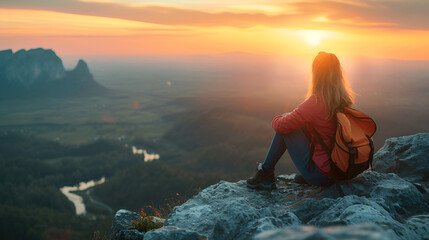 Young woman sitting on a ledge of a mountain and enjoying the beautiful sunset A scene featuring a solitary mountaineer enjoying a cup of tea or coffee while sitting on a mountain ledge generative ai
