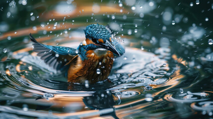 Female Kingfisher emerging from the water after an unsuccessful dive to grab a fish.
