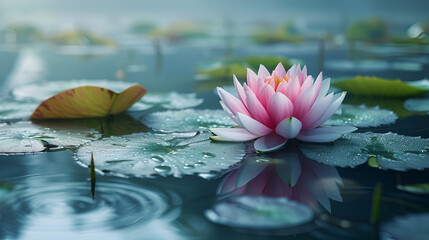 Pink water lily in a pond with green leaves and pink flowers, generative ai
