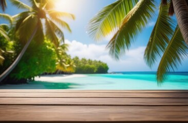 Empty wooden table with blurred beach in the background, mockup template for product display
