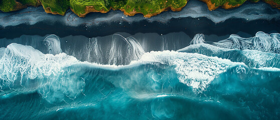 Aerial view of the beach with black sand, waves and clear blue water. Ocean nature background.