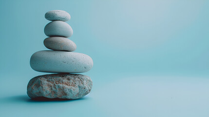 Balanced pebble stones for spa treatments on blue background the balancing cairn symbol of harmony tranquility , generative ai