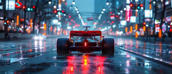 Poster View from behind of F1 racing car running on the street. © Story