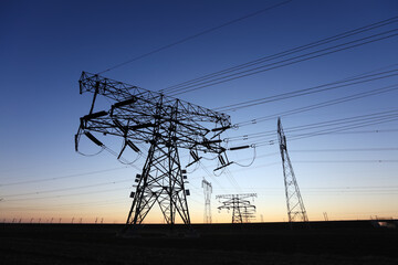 The pylons are in the evening, Substation in the evening, High voltage substation and beautiful...