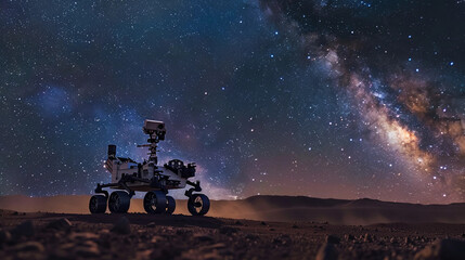 Curiosity rover under a star-filled Martian night sky, with the Milky Way clearly visible and a sense of isolation