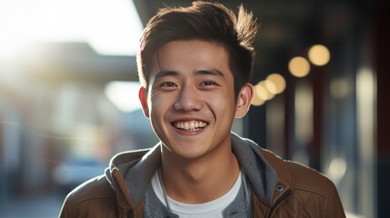 portrait of a casually dressed handsome young Asian man smiling 