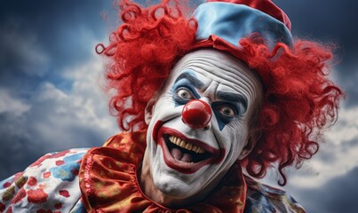 Birthday clown in full costume, looking surprised - obrazy, fototapety, plakaty