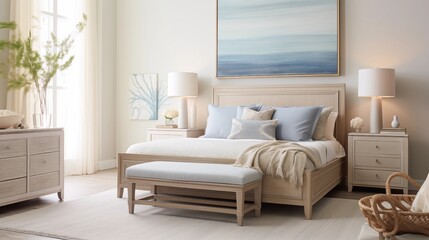 Fototapeta na wymiar Chic Coastal-inspired Bedroom with Soft Sandy Beige Walls and Seaside Tranquility Create a chic coastal-inspired bedroom with soft sandy beige walls