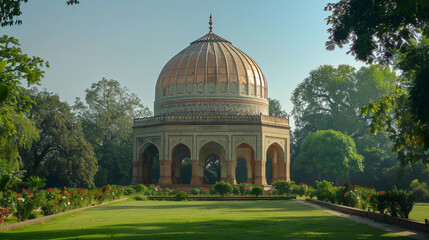 Fototapeta premium dome, with a copper finish, set against a clear blue sky during midday, sunlight reflecting off its surface, surrounded by a lush green park