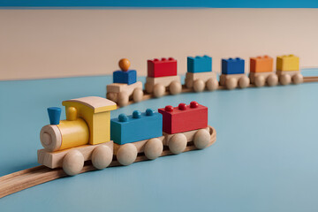 Wooden train involved with soft ball on pastel blue background