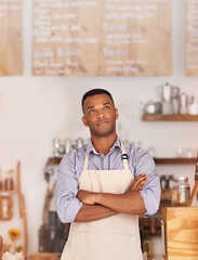 Owner, black man and thinking of cafe for business as entrepreneur, professional and working as...