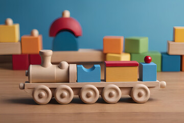Wooden train involved with soft ball on pastel blue background