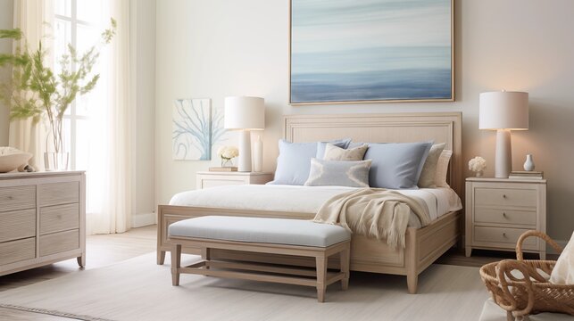 Chic Coastal-inspired Bedroom with Soft Sandy Beige Walls and Seaside Tranquility Create a chic coastal-inspired bedroom with soft sandy beige walls