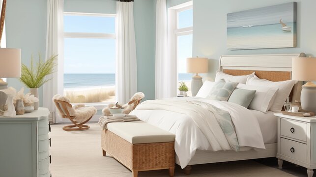 Chic Coastal-inspired Bedroom with Soft Aqua Blue Walls and Seaside Serenity Create a chic coastal-inspired bedroom with soft aqua blue walls