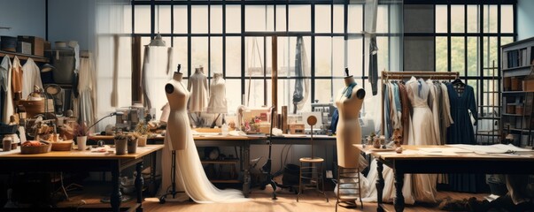 Interior of fashion designer studio room with various sewing items, fabrics and mannequins standing.