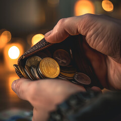 Conceptual Finance Image: Hand Holding Wallet with Bitcoin Coin and Various Currencies, Bokeh Lights in Background - obrazy, fototapety, plakaty