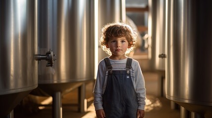 Cute child standing next to milk tank milk, 