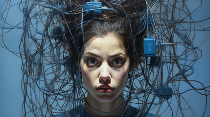 Mujer seria rodeada de cables