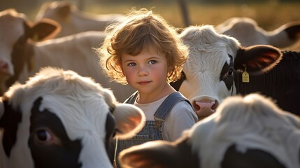 Cute child with cows at dairy farm 