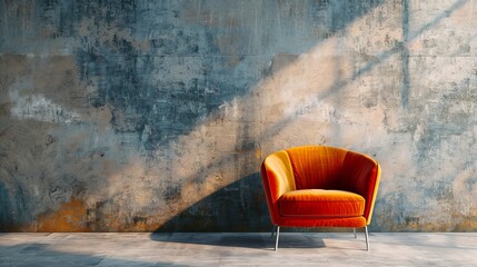 Empty room with a brown ochre color chair against a concrete wall and floor
