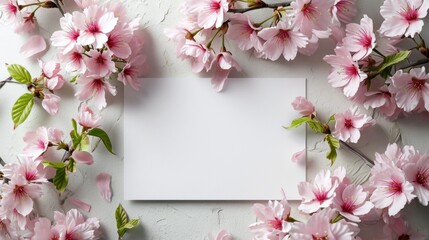 Top view greeting or invitation blank card with blooming pink flower decoration on white concrete wall. 3D mockup of Valentine's Day Greeting Card
