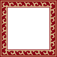 Vector red with gold Square Kazakh national ornament. Ethnic pattern of the peoples of the Great Steppe, .Mongols, Kyrgyz, Kalmyks, Buryats. Square frame border.