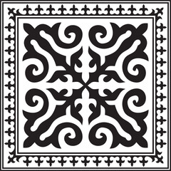 Vector black monochrome square Kazakh national ornament. Ethnic pattern of the peoples of the Great Steppe, .Mongols, Kyrgyz, Kalmyks, Buryats.