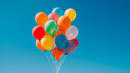 A cluster of colorful helium balloons against a clear blue sky.