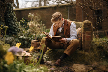 a man dressed as his favorite literary character reading a book in a scenic outdoor setting to commemorate World Book Day