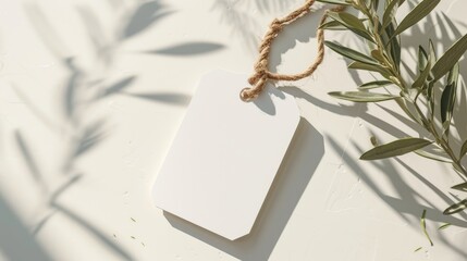 Blank paper tag with rope and olive leaf branch mockup on white concrete wall background exposed shadow olive leaves. Tag sale or branding