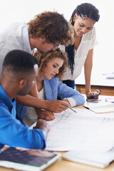 Diverse group, blueprint and teamwork at office for building design with plan, project and ideas. Colleagues, collaboration and work for architect company with problem solving for structure.