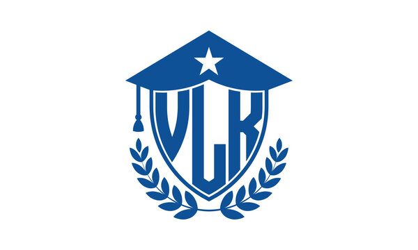 VLK three letter iconic academic logo design vector template. monogram, abstract, school, college, university, graduation cap symbol logo, shield, model, institute, educational, coaching canter, tech