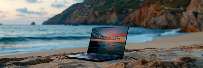Laptop with Sunset Screen on Sandy Beach, Luxury of Remote Work, 