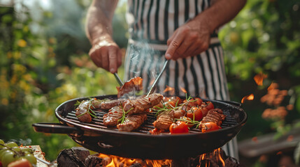 A man is cooking meat and vegetables on a BBQ grill. - obrazy, fototapety, plakaty