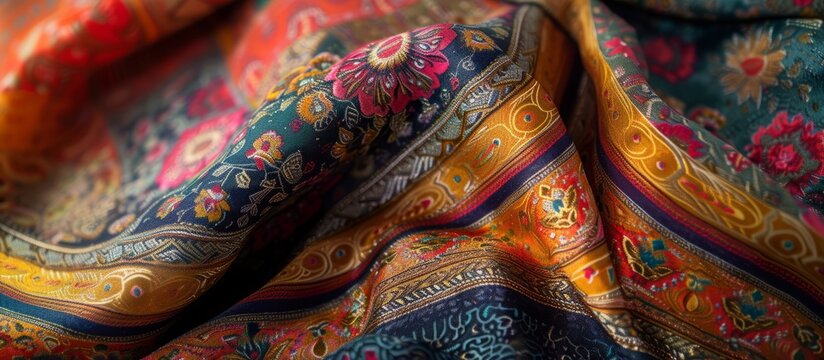 Vibrant close-up photo of a colorful scarf in exquisite detail and texture