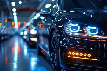 A row of Land vehicles, cars, lined up in a factory with Automotive lighting, hoods, wheels, tires showcasing Automotive design and exterior - obrazy, fototapety, plakaty