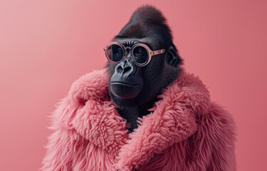 Generated ai template collage of unusual person with gorilla head wear fashionable fluffy coat on pink background