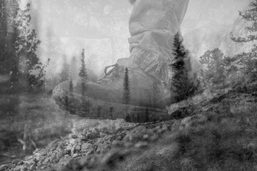 Foot steps in the countryside. Double exposure image 