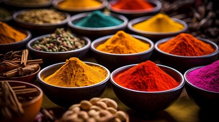 A collection of colorful spices in small ceramic bowls.