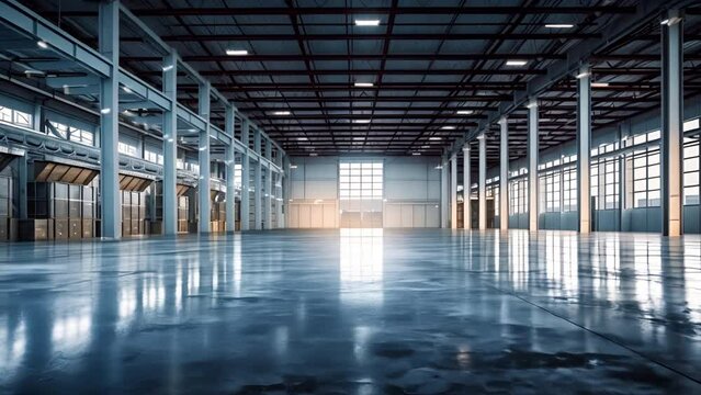 Industrial building or modern factory for manufacturing production plant or large warehouse, Polished concrete floor clean condition and space for industry product