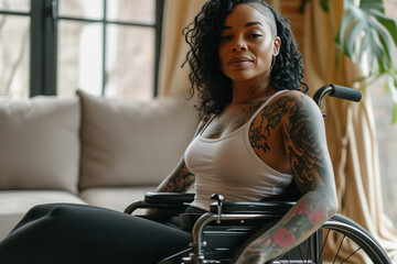 tattooed black woman with disability on wheelchair