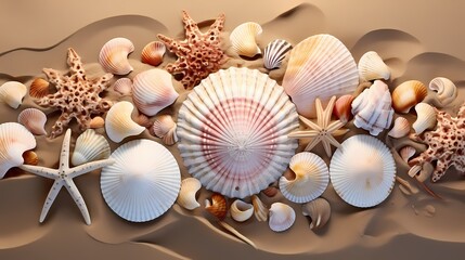 Fototapeta na wymiar A collection of seashells arranged on a sandy beach.
